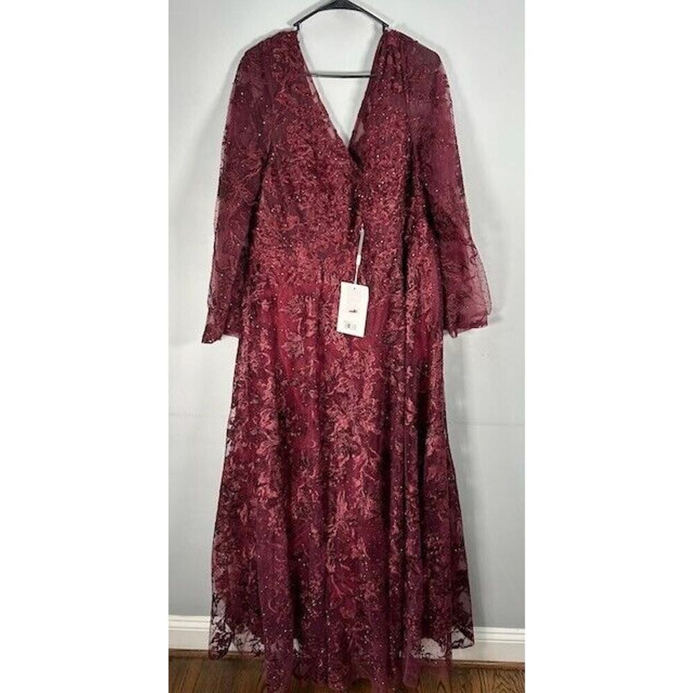 NWT Mac Duggal Embellished Illusion Gown Dress Long Sleeve Maroon Plus Size 18 - Picture 4 of 13